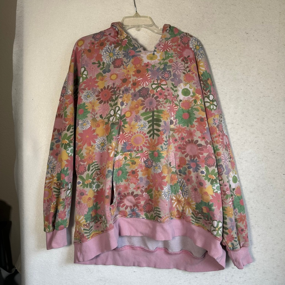 Natural Life Pink Floral Oversized Hoodie Sweatshirt Boho cozy L/XL